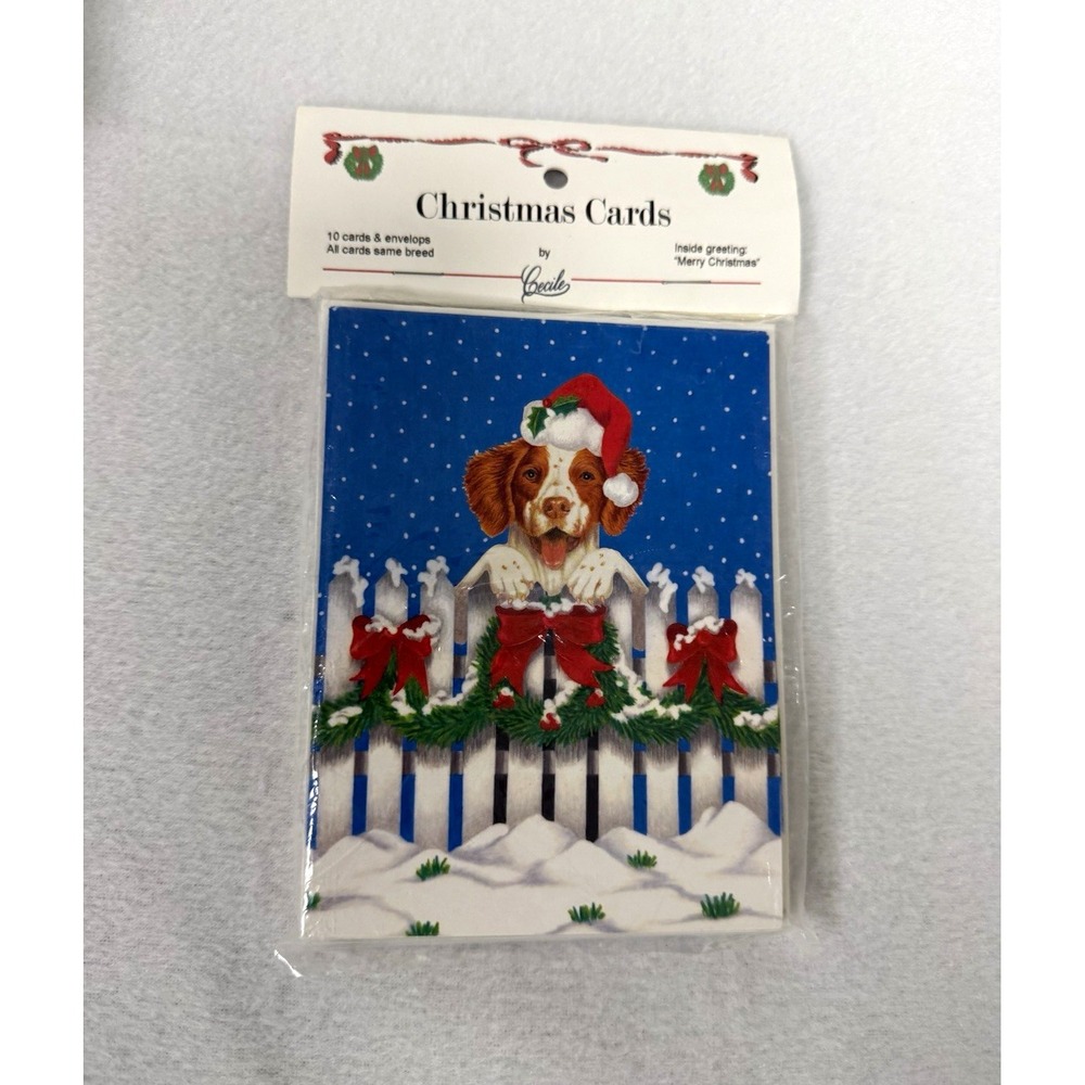 Vintage 2000 Cecile Baird Brittany Spaniel Christmas Cards Santa Dog NOS 10 ct